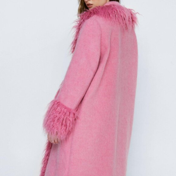 Nasty Gal Pink Faux Shearling Fur Trim Wool Penny Lane Coat Size 4 NWT - Picture 2 of 6